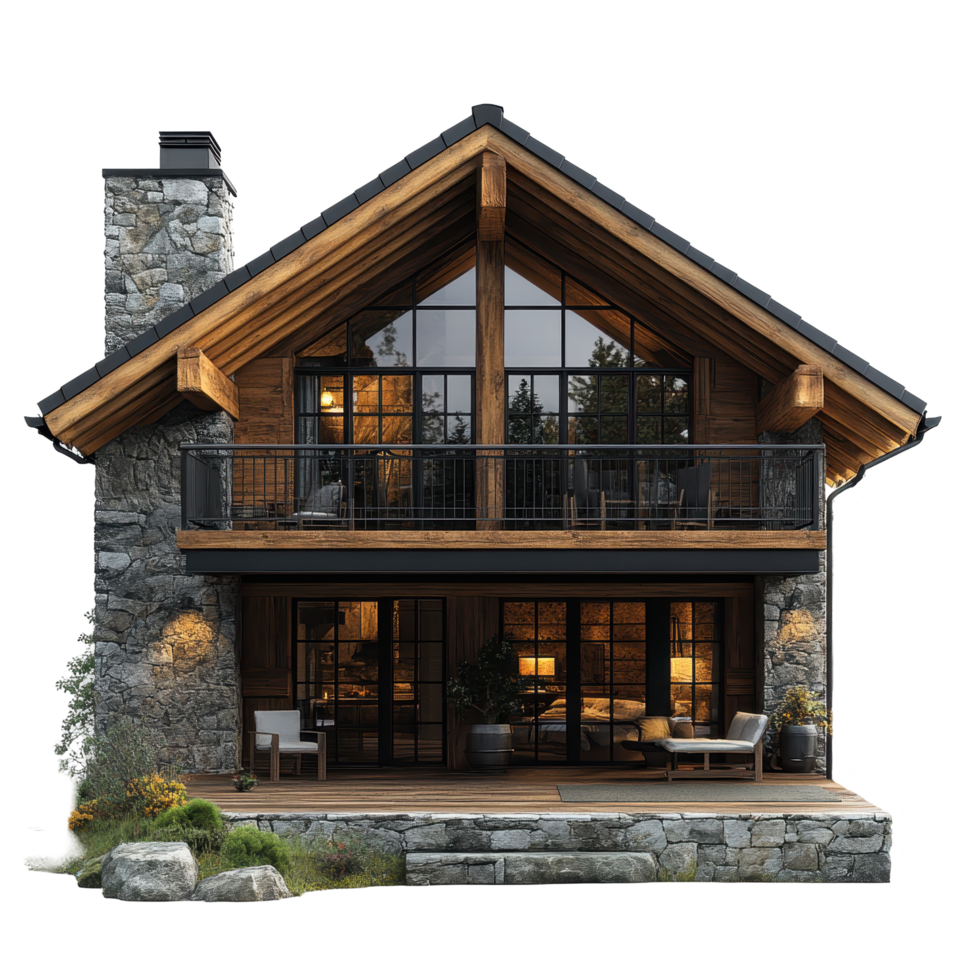 Modern mountain chalet featuring wooden and stone architecture with large windows and a balcony overlooking nature isolated on transparent background. png