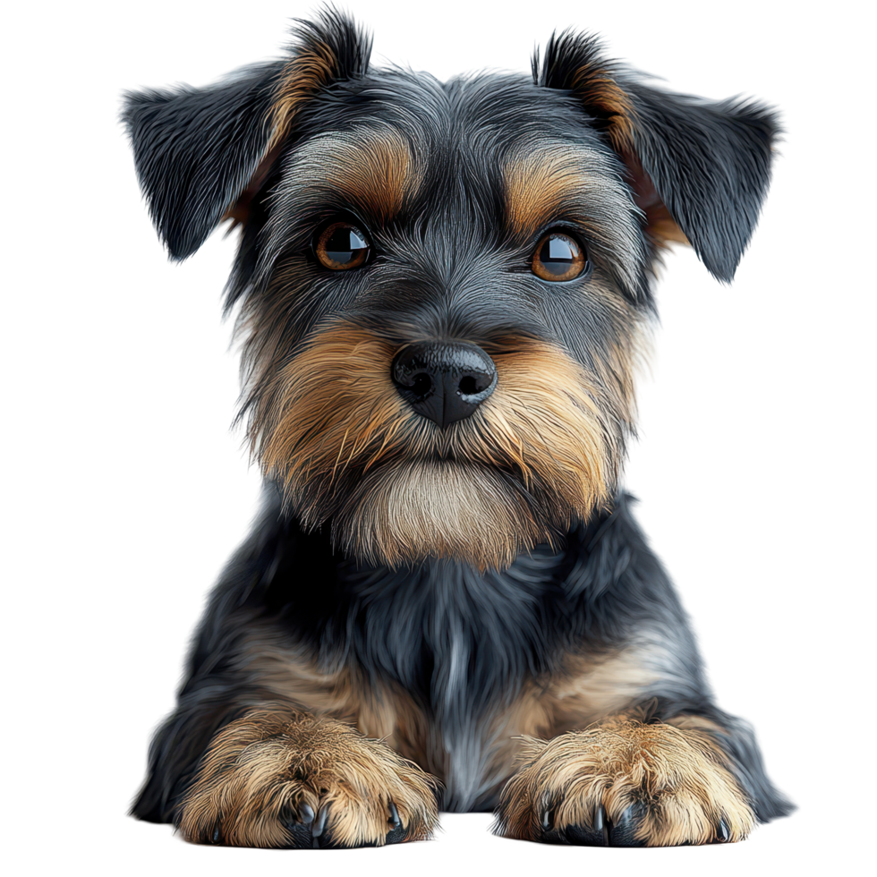 Small black and brown dog with expressive eyes resting calmly indoors during a sunny afternoon isolated on transparent background. png