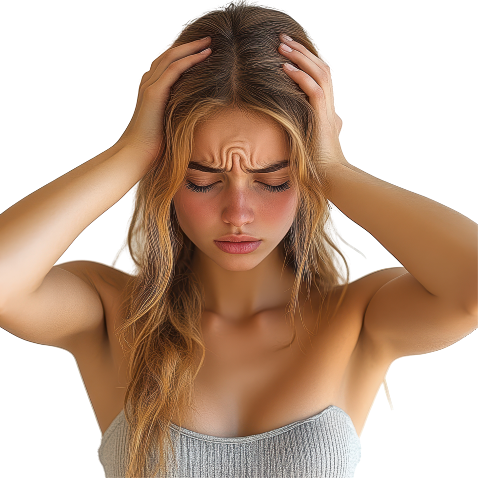 Young woman experiencing stress while holding her head, captured in a neutral setting isolated on transparent background. png