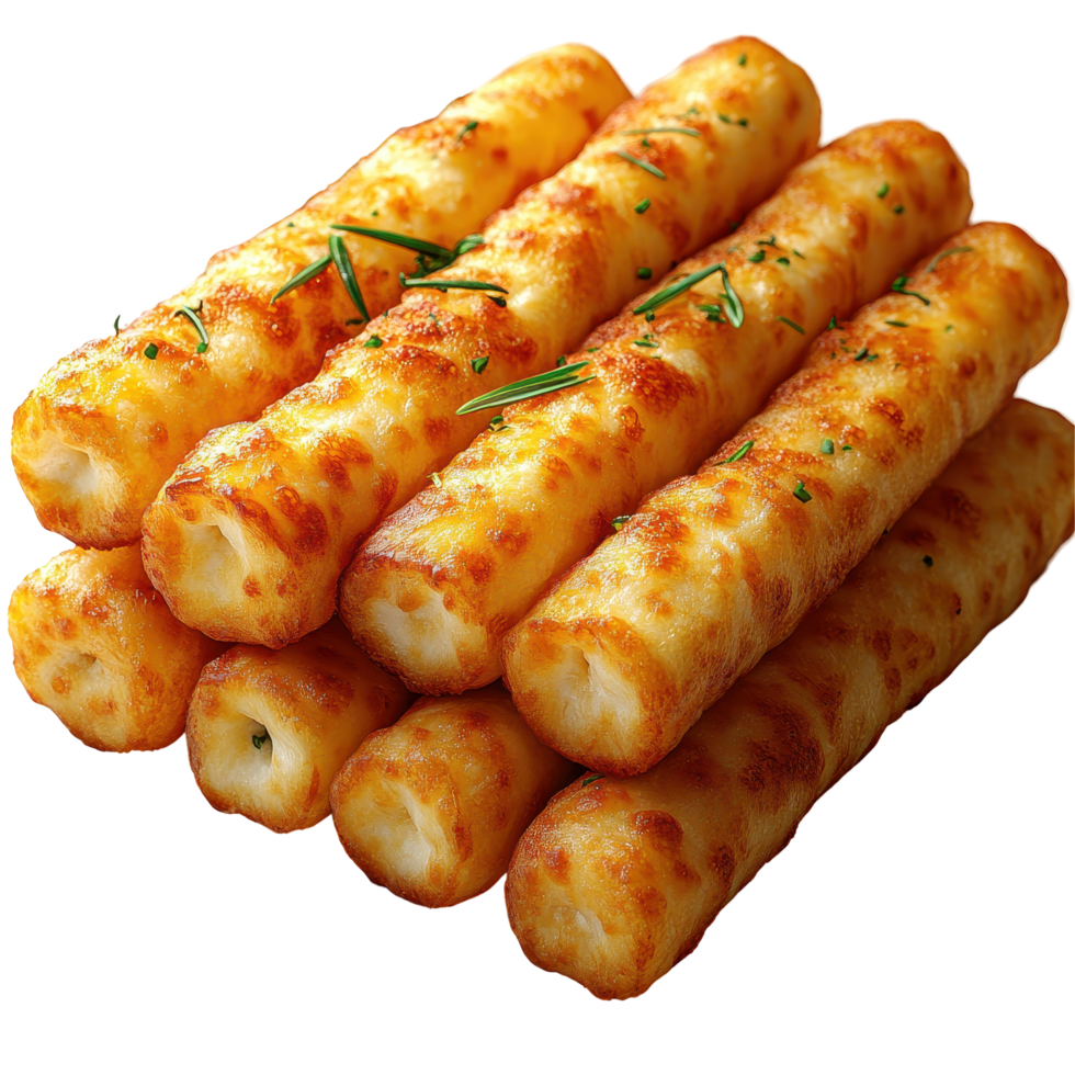 Delicious cheese sticks piled on a white background, showcasing a crispy golden texture and garnished with herbs isolated on transparent background. png