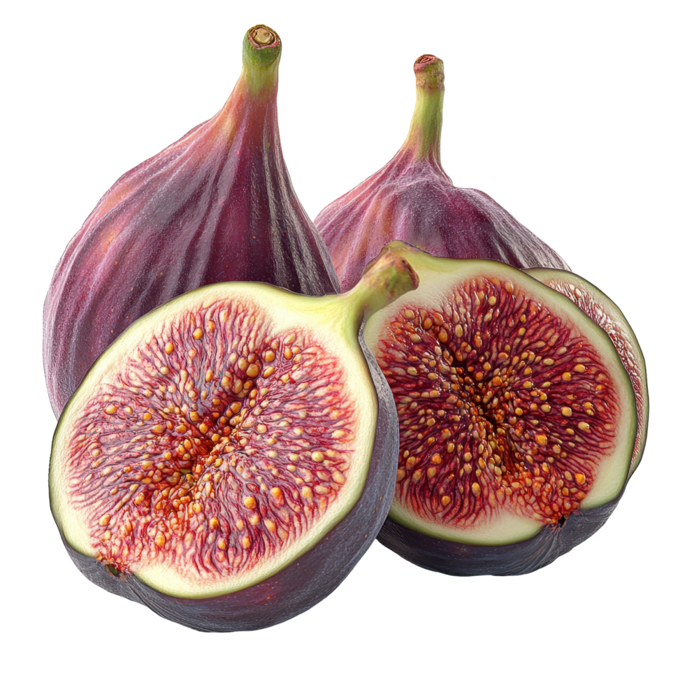 Freshly cut figs showcasing juicy interior and textured skin in a vibrant display of natural sweetness isolated on transparent background. png