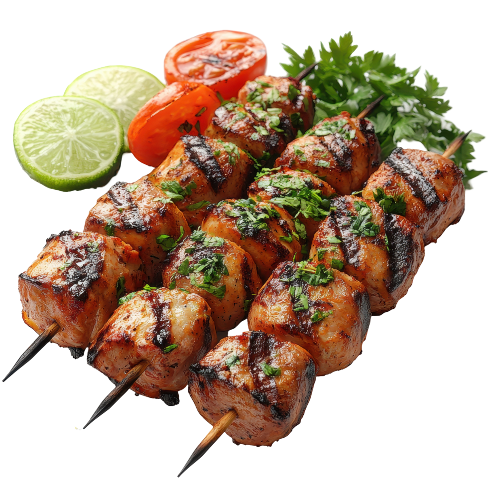 Grilled skewers served with fresh vegetables and garnishes at a summer gathering isolated on transparent background. png