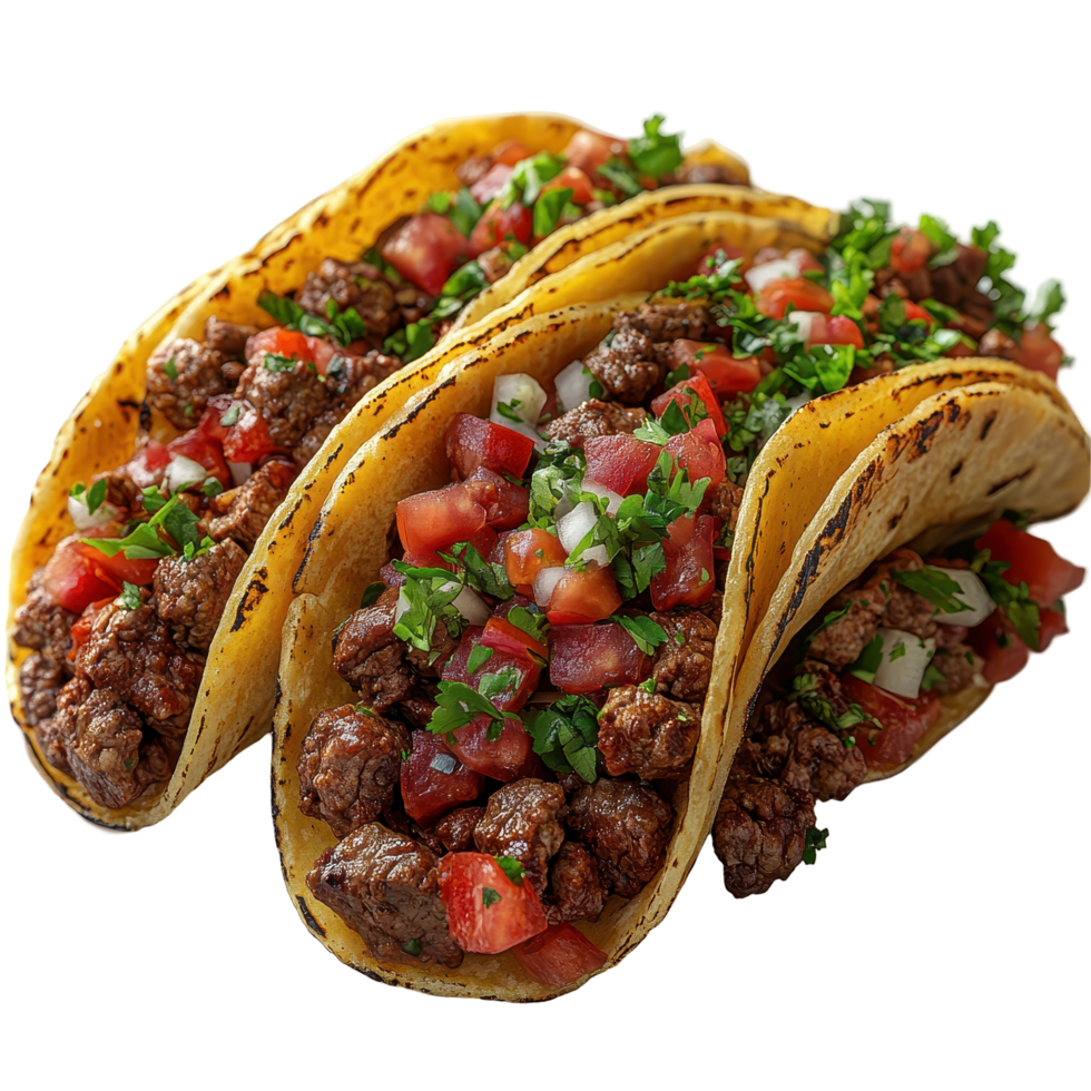 Delicious beef tacos filled with fresh toppings served on a white background isolated on transparent background. png
