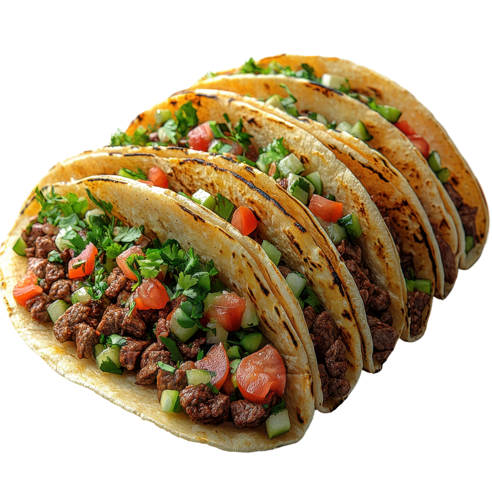 Tacos filled with seasoned meat, fresh vegetables, and herbs arranged on a platter at a festive gathering isolated on transparent background. png