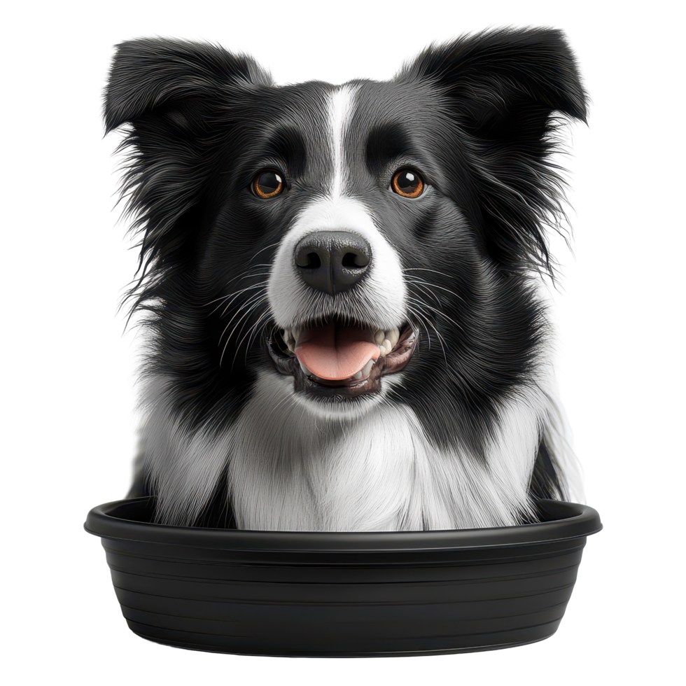 Border Collie happily resting in a black bowl against a plain background isolated on transparent background. png