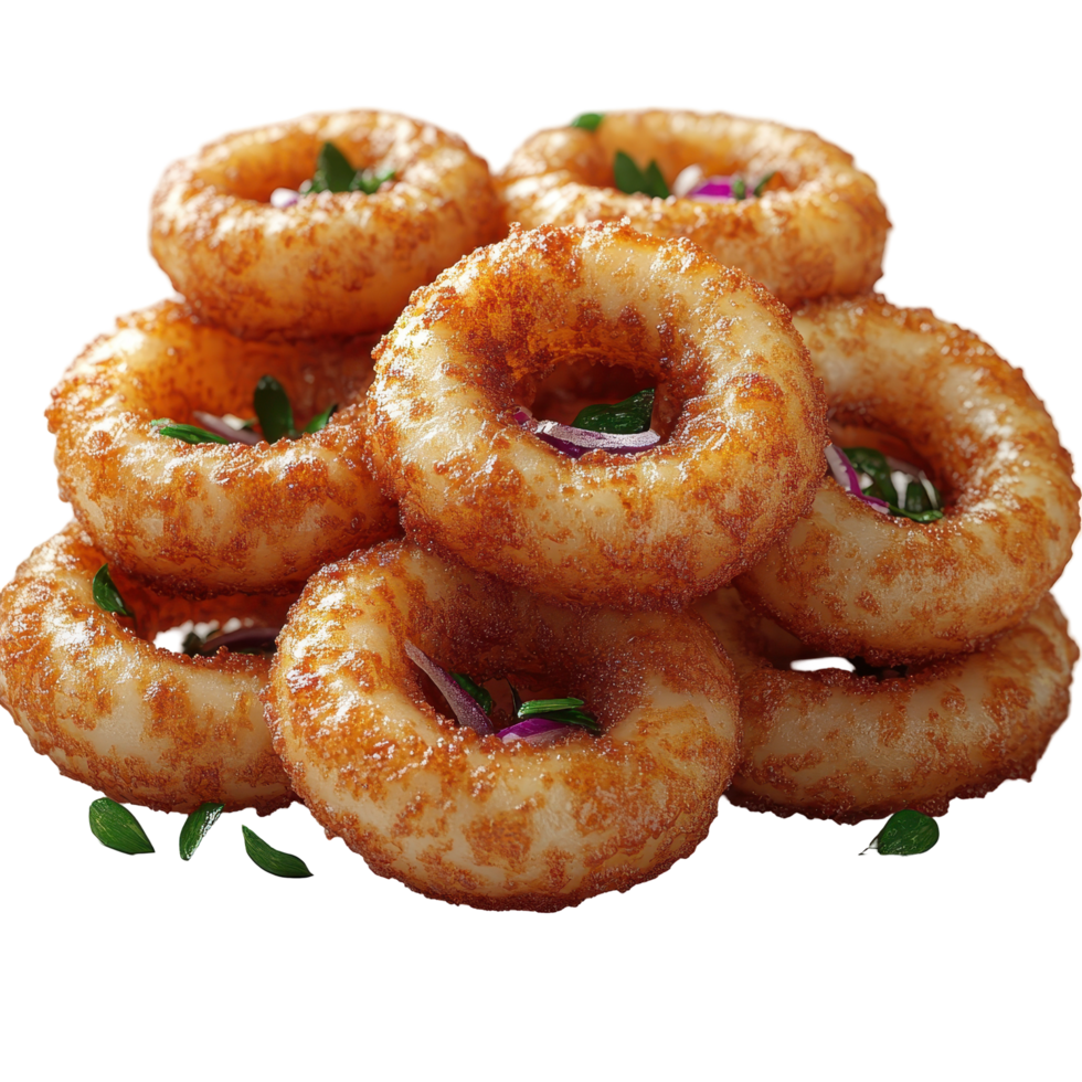 Fried dough rings stacked high, revealing a crispy texture and garnished with herbs isolated on transparent background. png