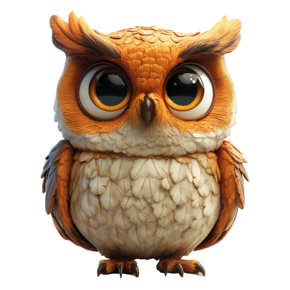 Colorful cartoon owl standing upright with large eyes and fluffy feathers in a stylized artistic rendering isolated on transparent background. png