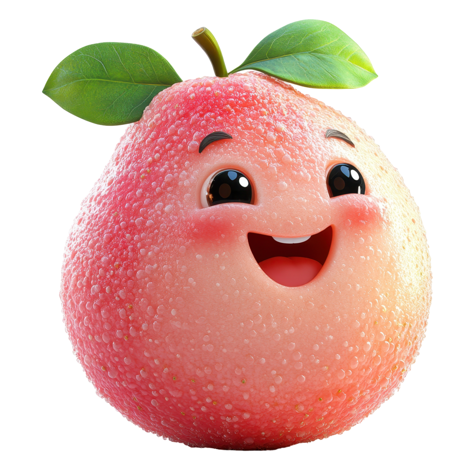 Cute cartoon fruit character with a smiling face and green leaves in a playful design isolated on transparent background. png