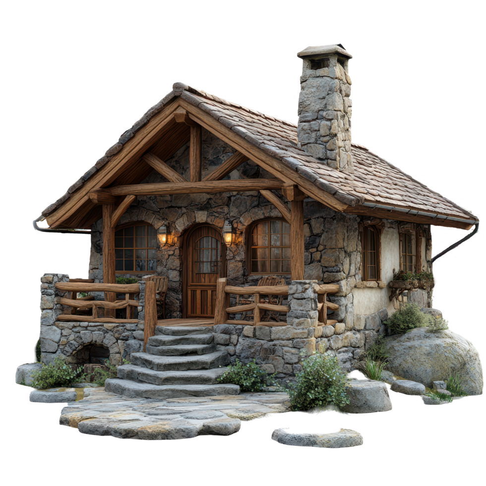 Rustic stone cottage with wooden accents and charming landscaping in a tranquil setting isolated on transparent background. png