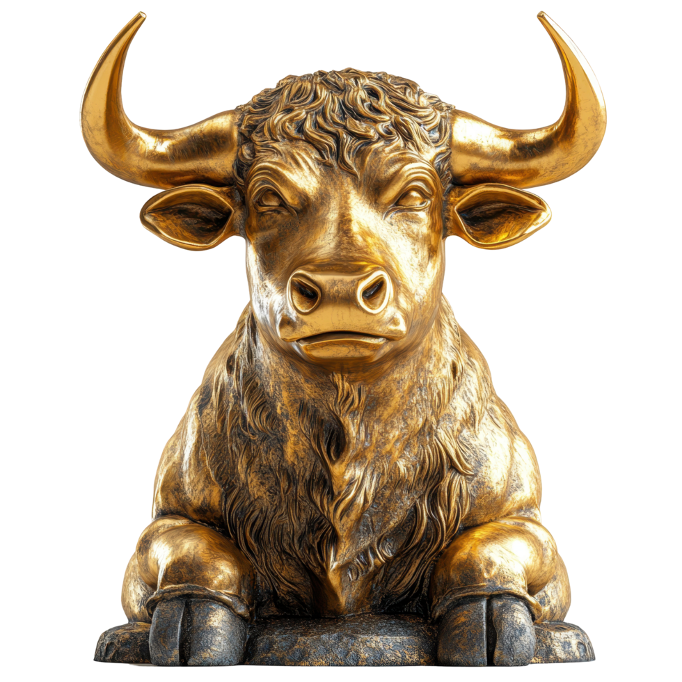 Golden bull sculpture showcasing intricate details and craftsmanship in an artistic display isolated on transparent background. png