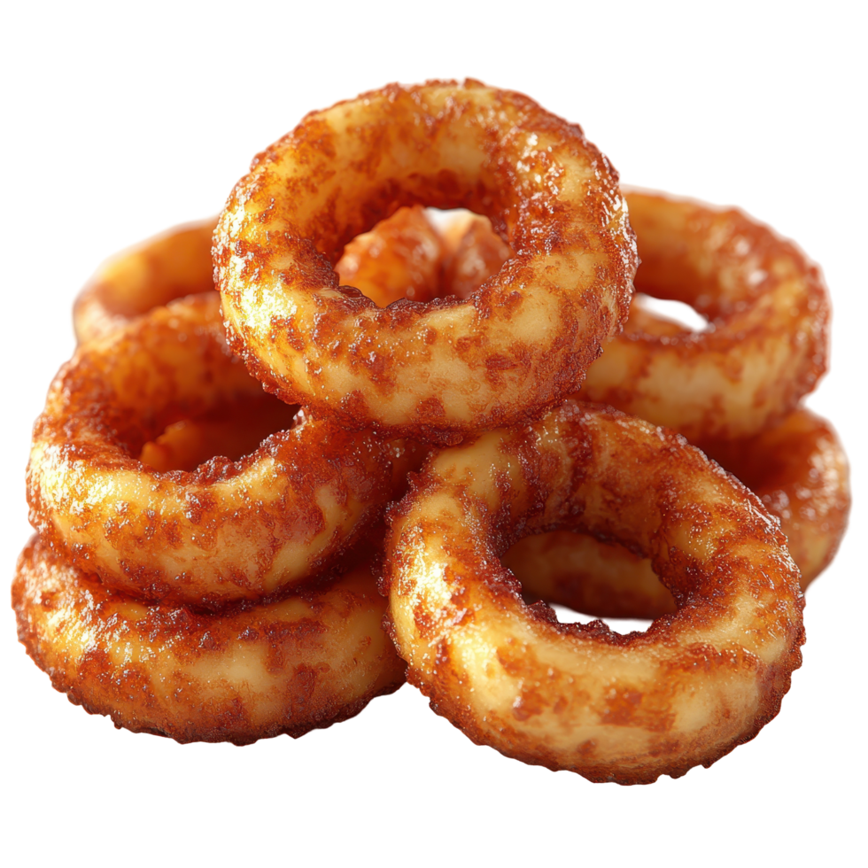 Crispy onion rings stacked high on a white background ready to serve for any occasion isolated on transparent background. png