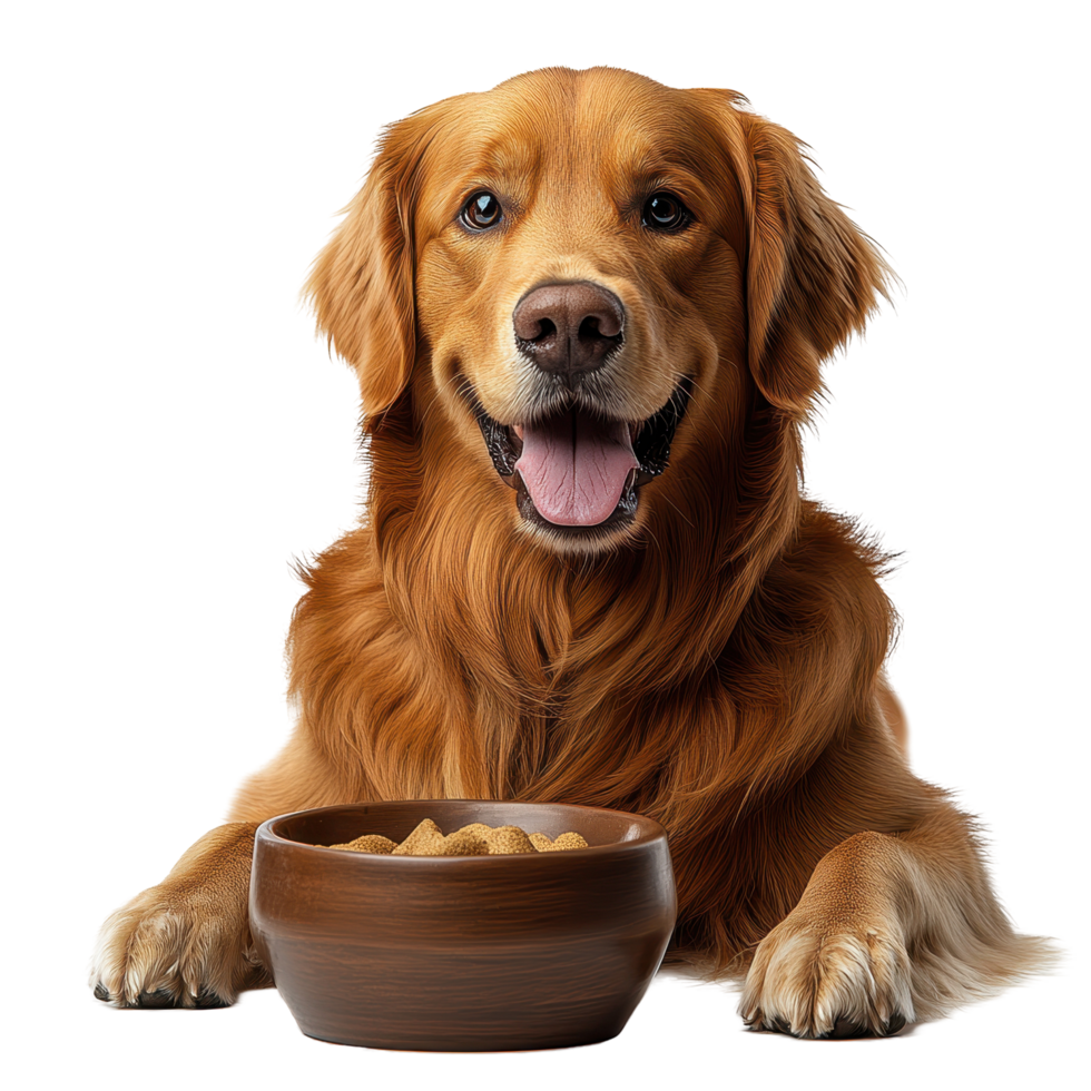 Golden retriever sits happily beside a bowl of dog food in a bright, clean environment with a joyful expression on its face isolated on transparent background. png