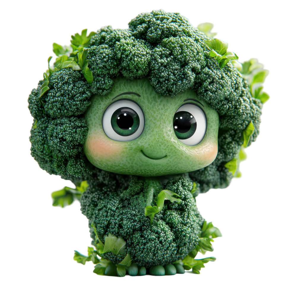 Cute cartoon character resembling broccoli with a happy expression surrounded by leafy greens in a playful garden setting isolated on transparent background. png