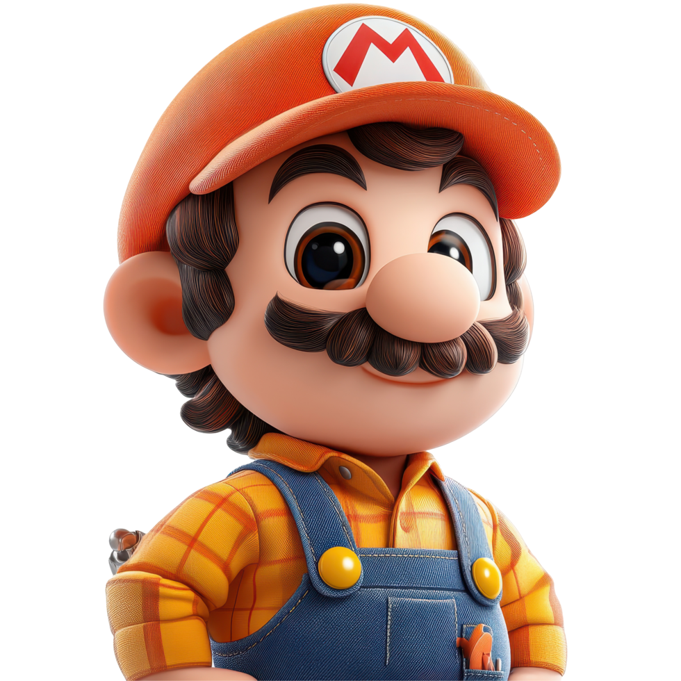 Colorful cartoon character in overalls and cap exuding charm and nostalgia in a cheerful setting isolated on transparent background. png