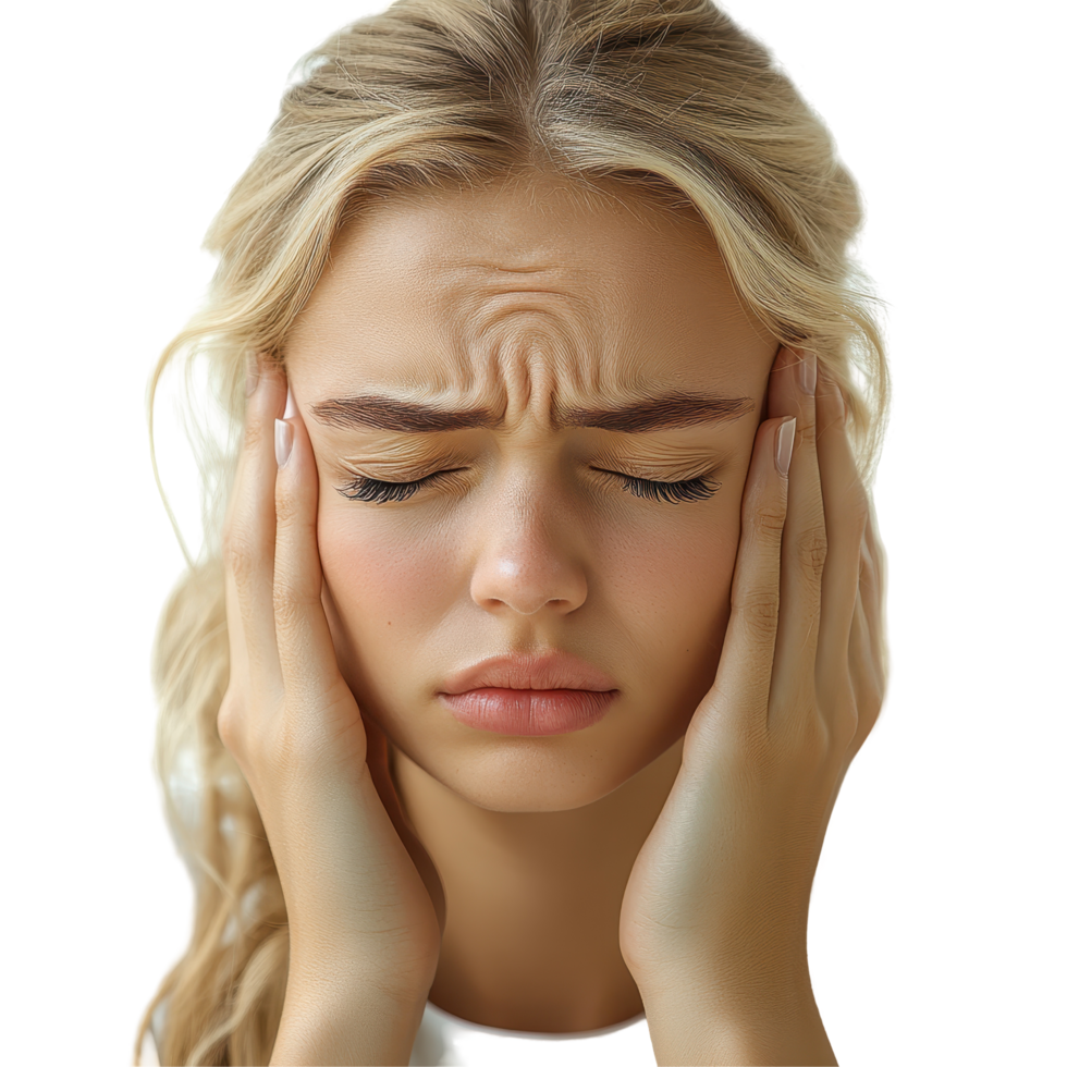 Woman expressing discomfort while holding her head in a neutral setting focusing on her facial tension and emotion isolated on transparent background. png