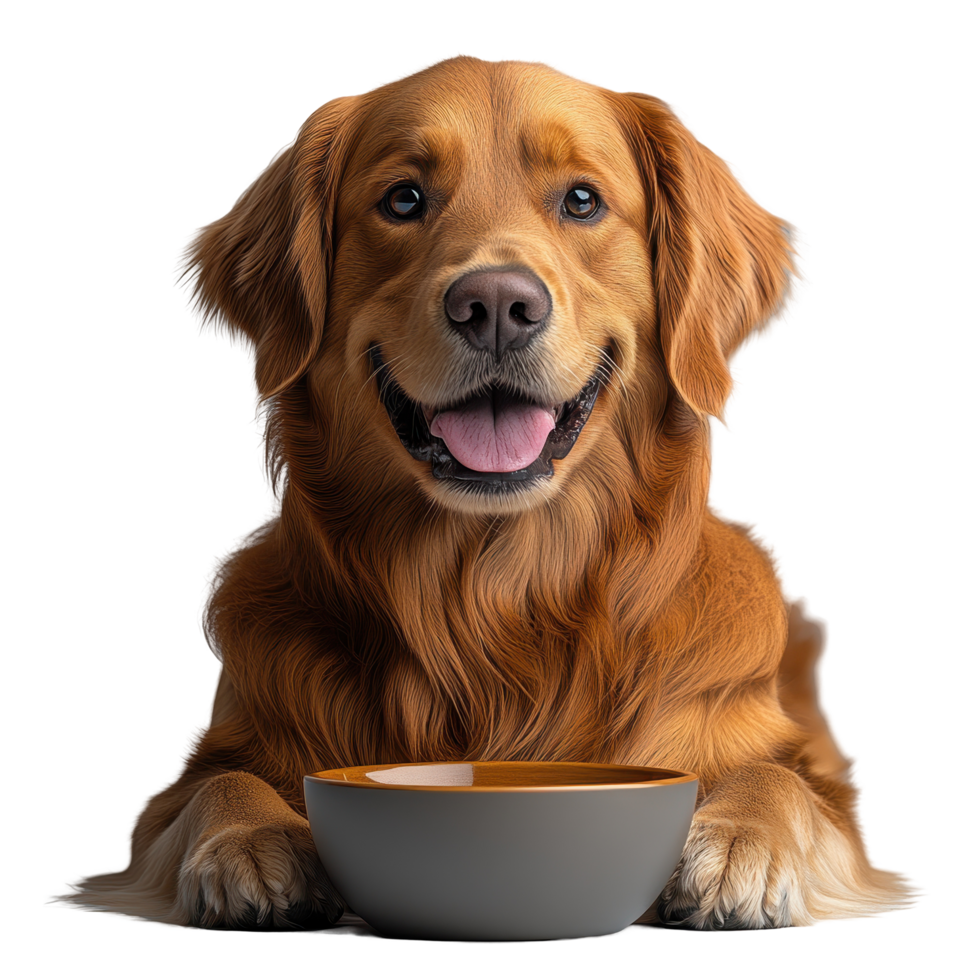 Happy golden retriever eagerly waiting for food in a bowl on a white background isolated on transparent background. png