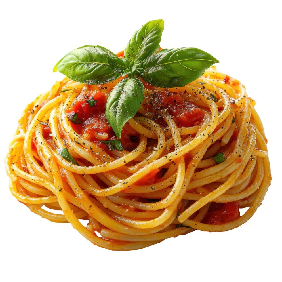 Delicious spaghetti with tomato sauce and fresh basil on a white plate for a delightful meal isolated on transparent background. png