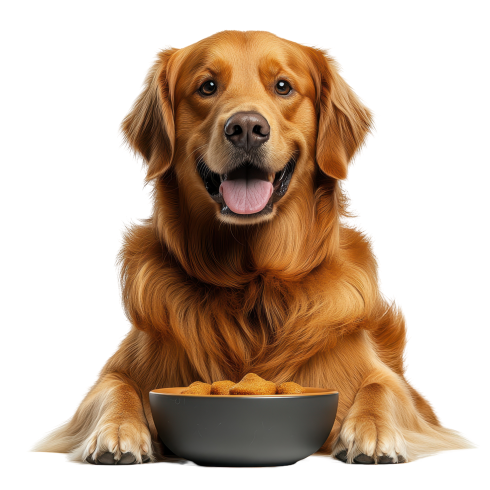 Happy golden retriever eagerly waiting by a bowl of dog treats indoors for a tasty reward during playtime isolated on transparent background. png