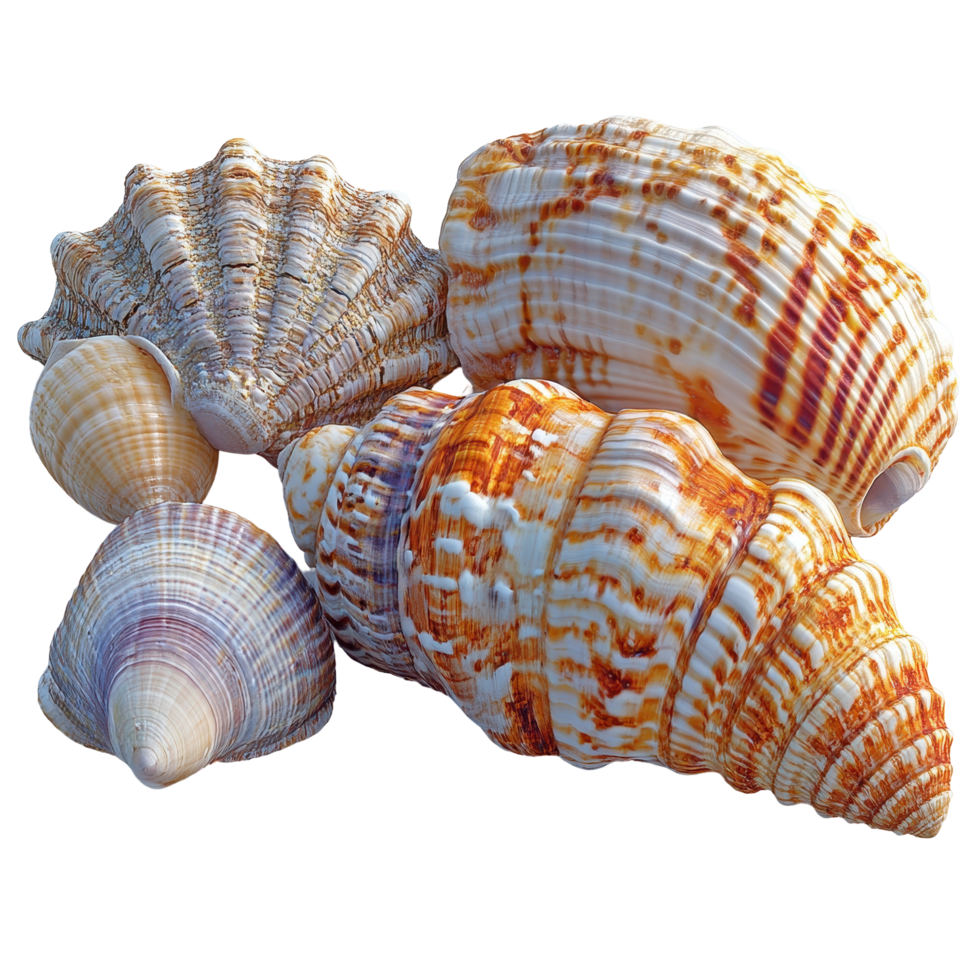Beautiful collection of colorful seashells displayed together on a soft surface near the shoreline in bright daylight isolated on transparent background. png