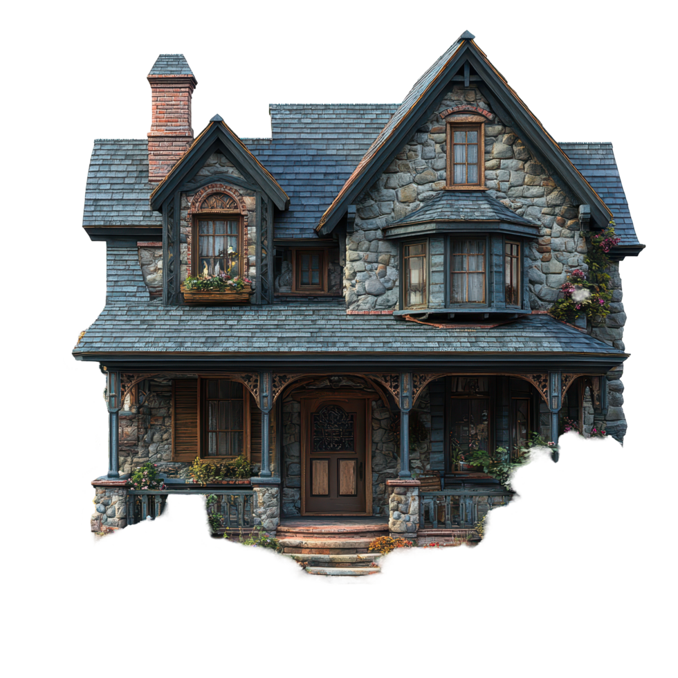 Charming stone house with intricate design and welcoming porch in a serene neighborhood setting isolated on transparent background. png
