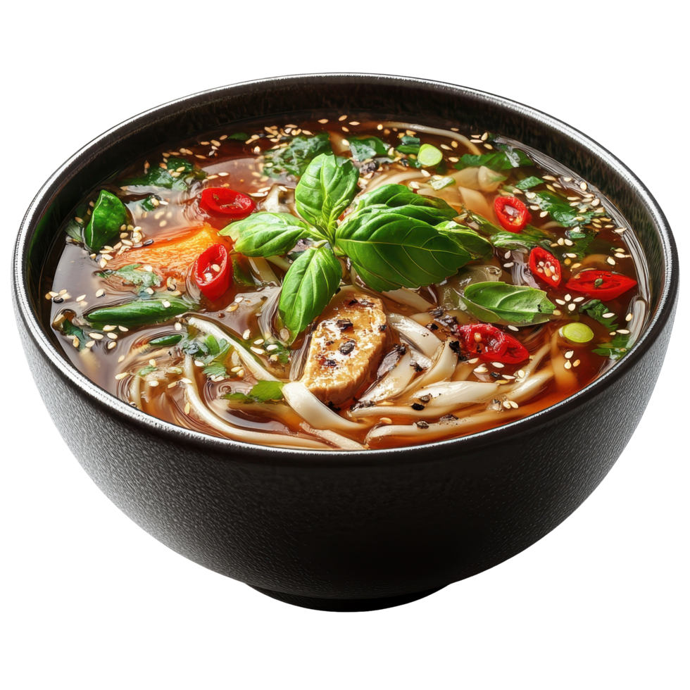 Savory bowl of noodle soup featuring fresh herbs and vibrant vegetables in a black ceramic dish isolated on transparent background. png