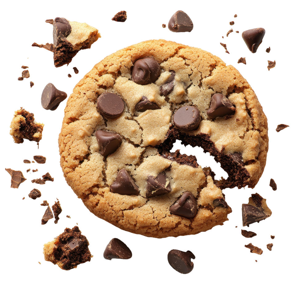 Delicious chocolate chip cookie with bite taken and crumbs scattered on white background isolated on transparent background. png