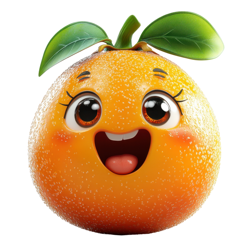Cheerful animated orange with big eyes and a smiling face showcasing playful fruit character design isolated on transparent background. png
