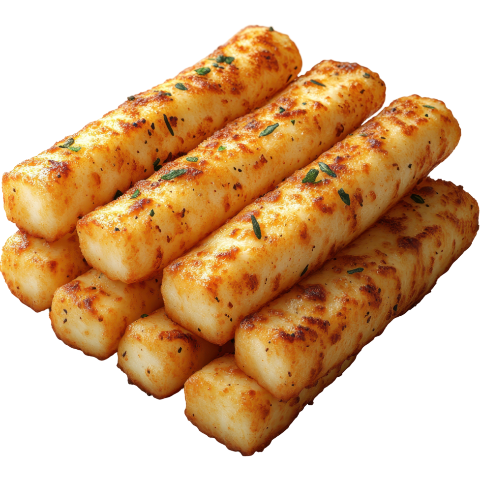 Cheesy breadsticks baked to perfection, displaying a golden brown crust with herbs on top isolated on transparent background. png