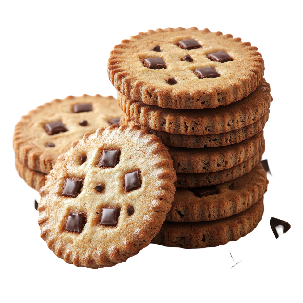 Stacked cookies with chocolate chunks ready for dessert at a cozy kitchen setting isolated on transparent background. png
