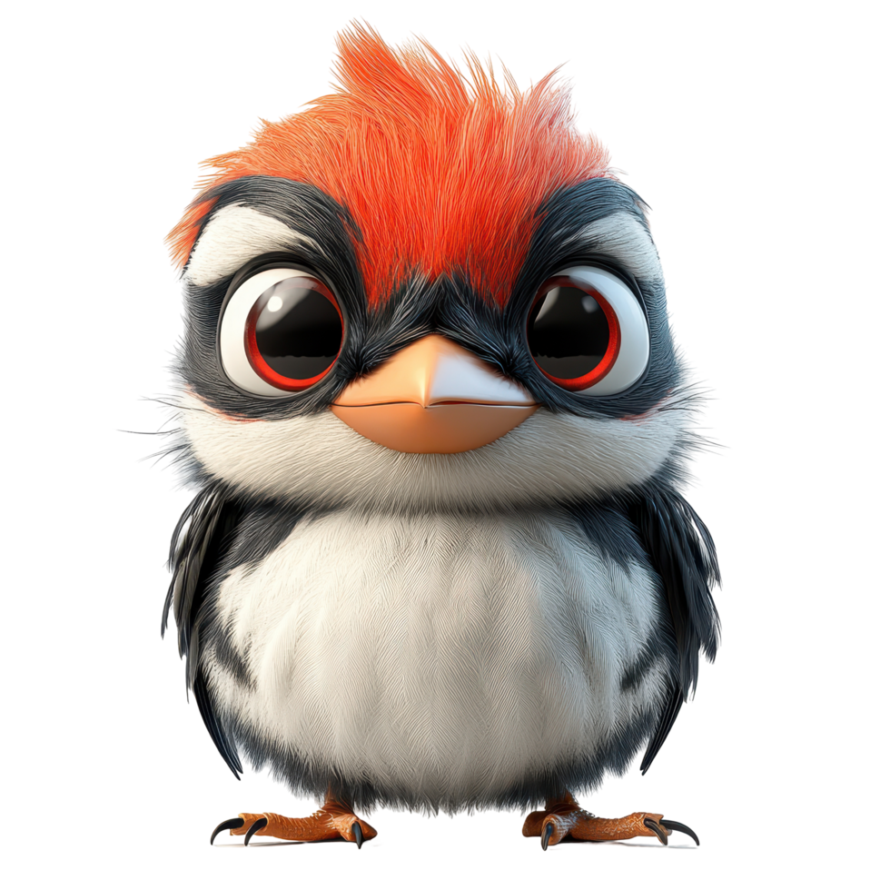 Cute cartoon-style bird with bright orange crest and large expressive eyes standing upright in a playful manner isolated on transparent background. png