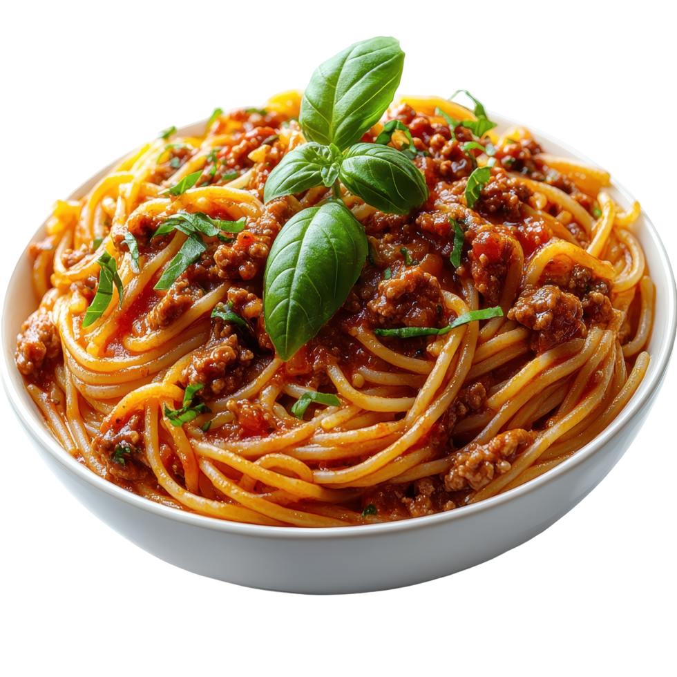 Delicious spaghetti bolognese garnished with fresh basil on a white plate ready to be enjoyed isolated on transparent background. png