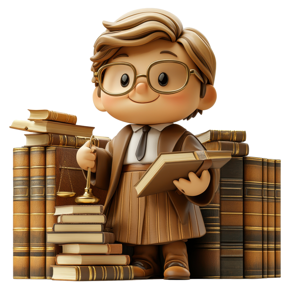 Young lawyer character standing among stacks of books in a library with scales of justice isolated on transparent background. png