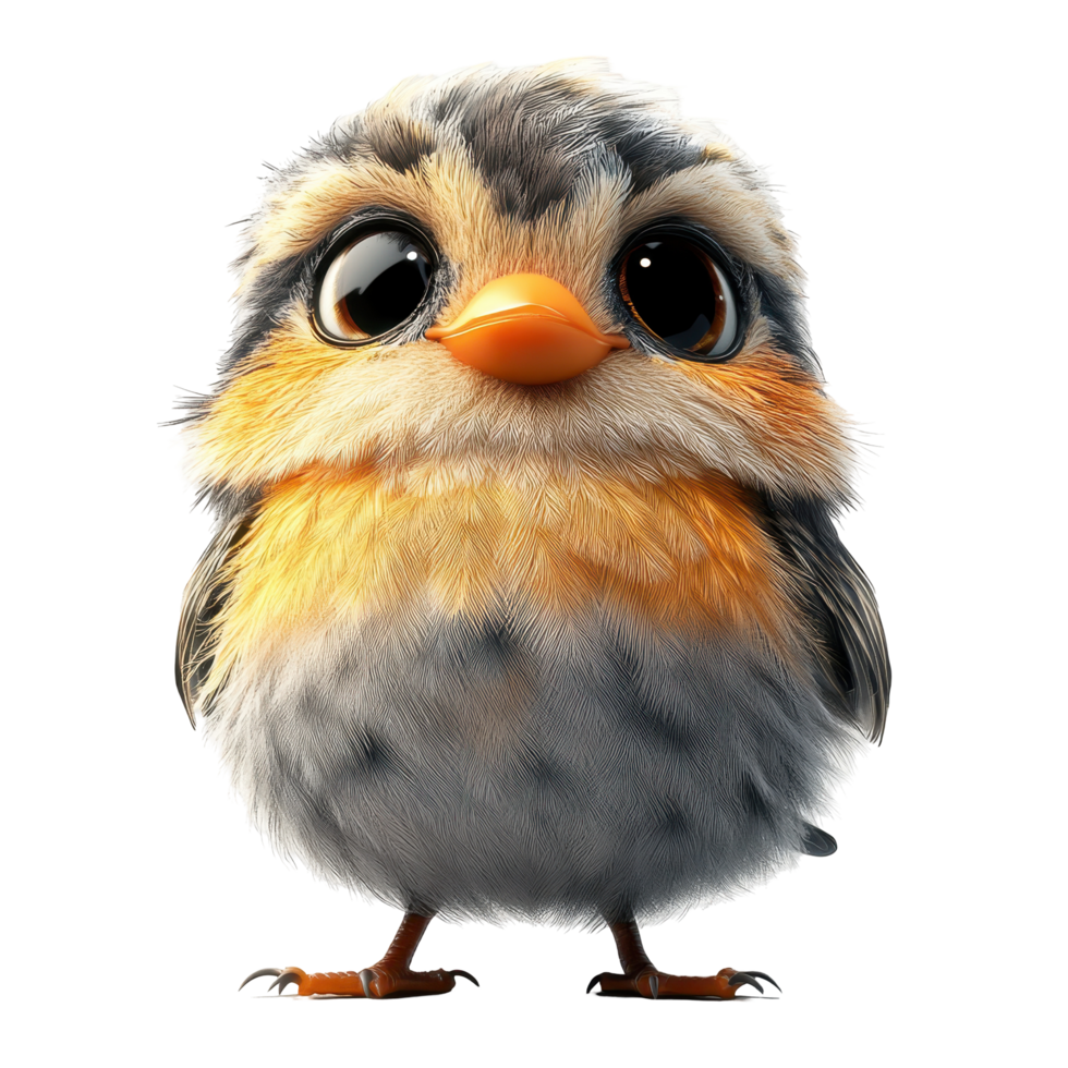Cute cartoon bird with large eyes standing upright in a whimsical design setting isolated on transparent background. png