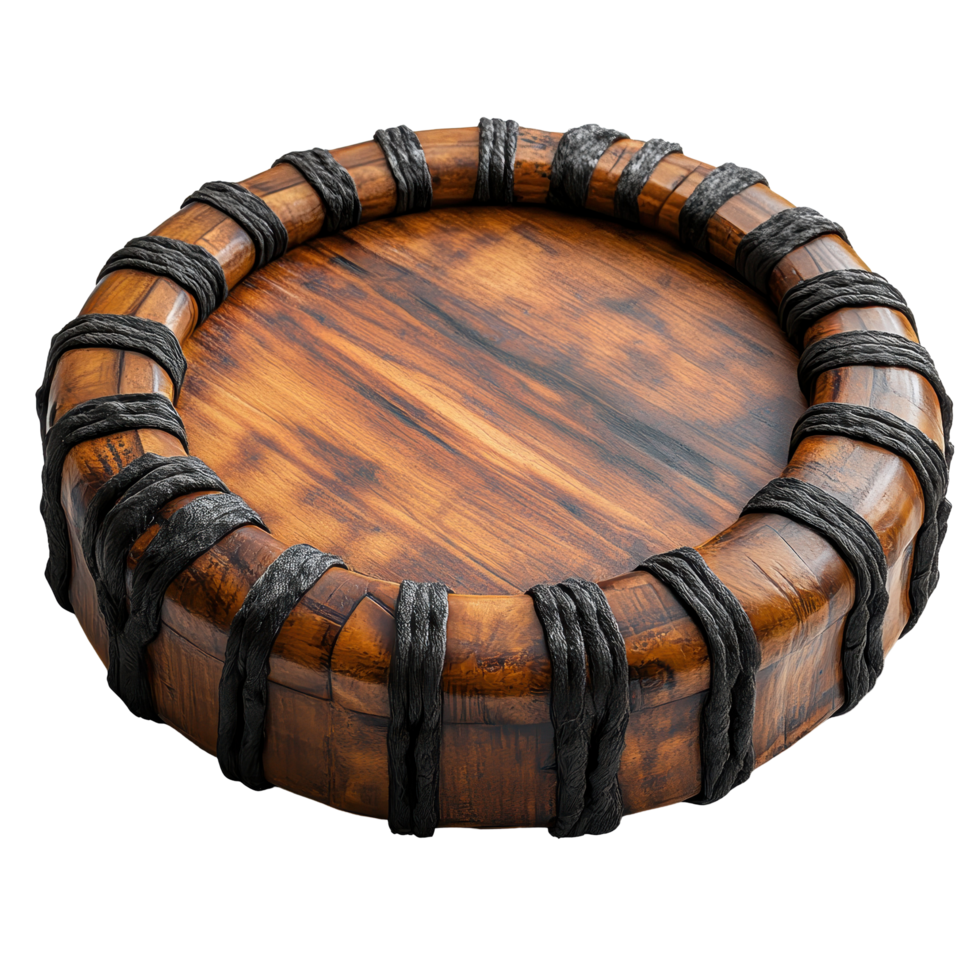 Wooden drum with intricately designed edges resting on a flat surface isolated on transparent background. png