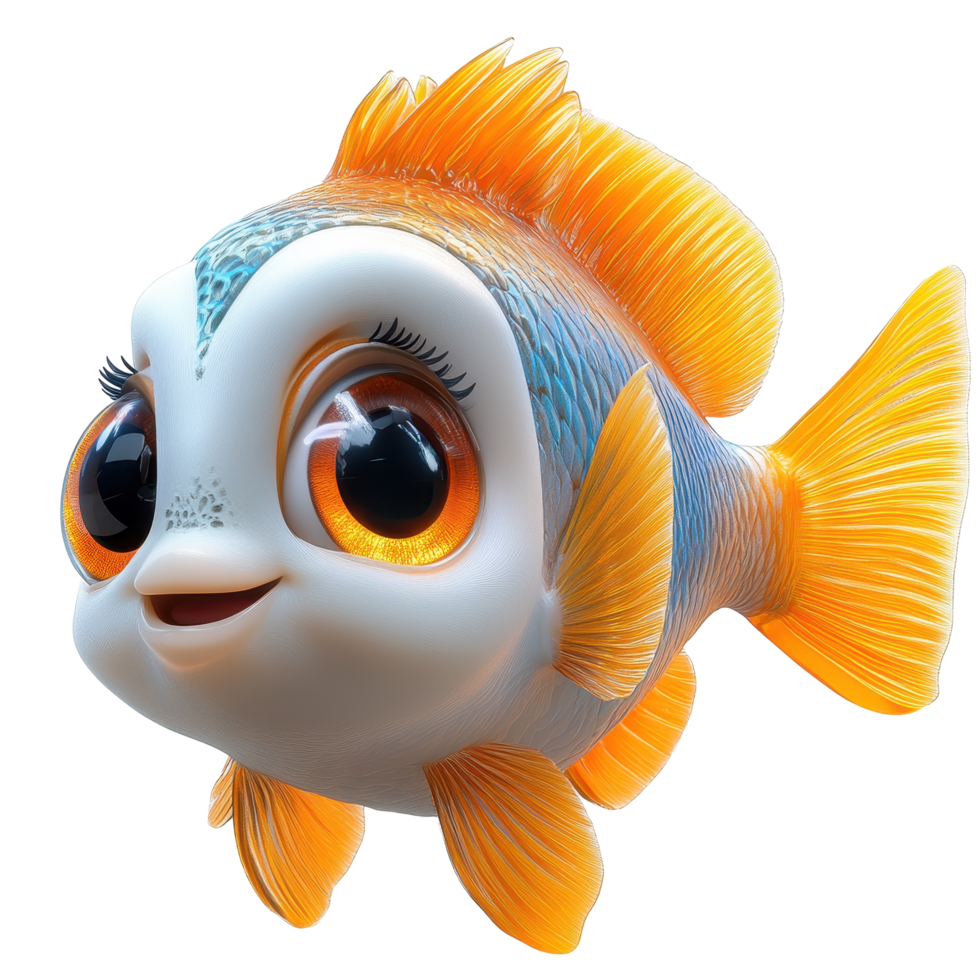 Cute animated fish with big eyes swimming joyfully in a colorful underwater environment during a bright daylight setting isolated on transparent background. png