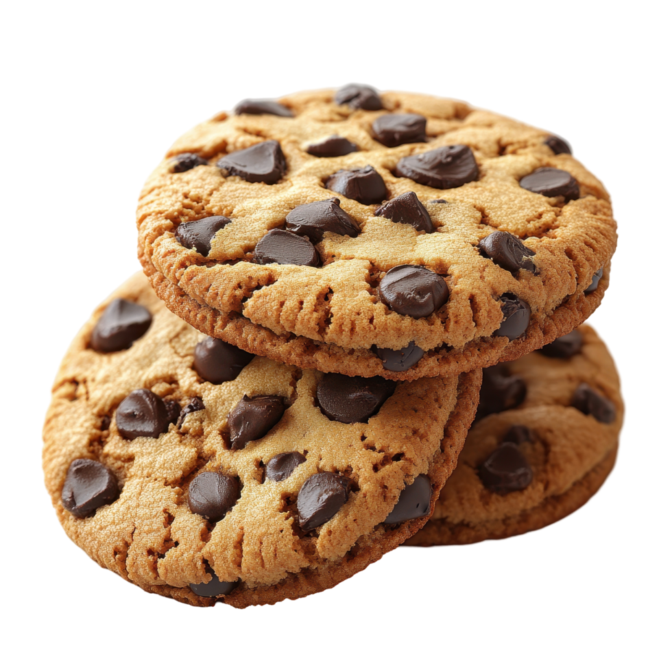 Homemade chocolate chip cookies stacked on a white background ready for enjoyment isolated on transparent background. png