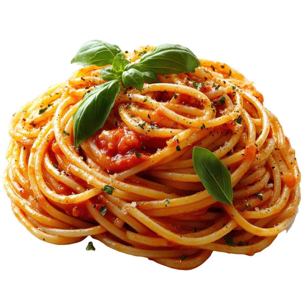 Delicious spaghetti with rich tomato sauce and fresh basil on a white plate isolated on transparent background. png