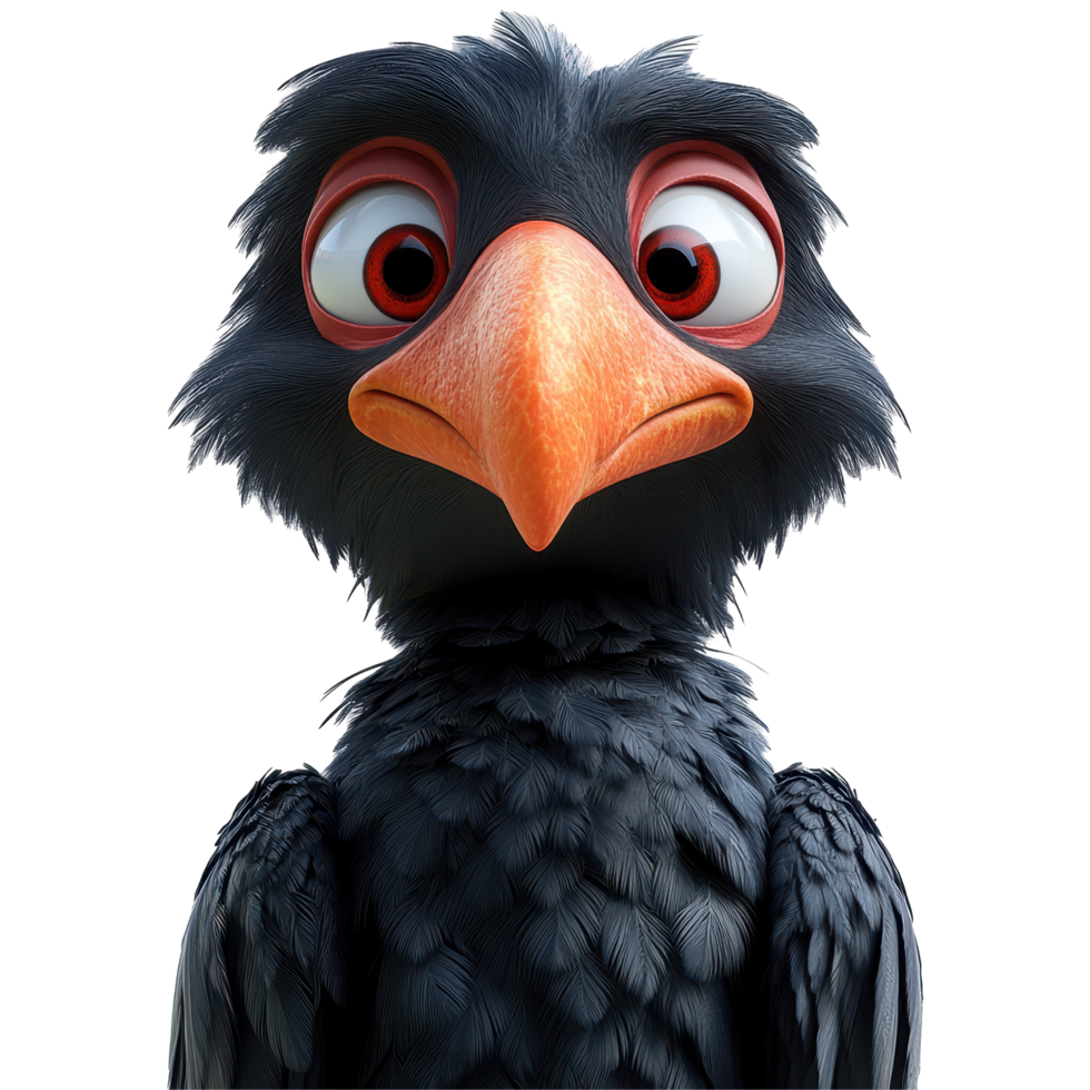 Cartoon raven character with expressive eyes and vibrant orange beak in a whimsical design isolated on transparent background. png