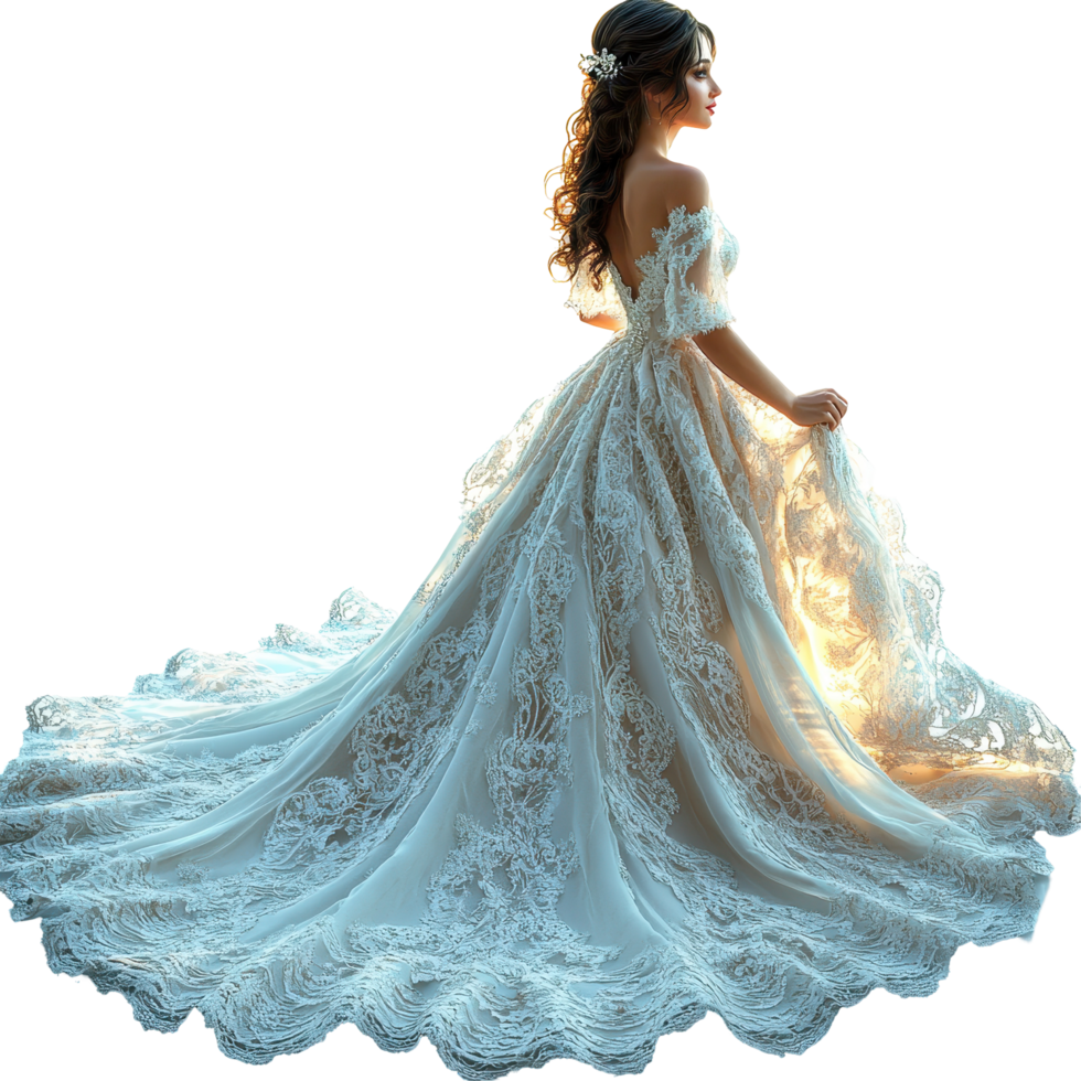 Elegant bride in a stunning lace gown, posing gracefully with sunlight illuminating her dress isolated on transparent background. png