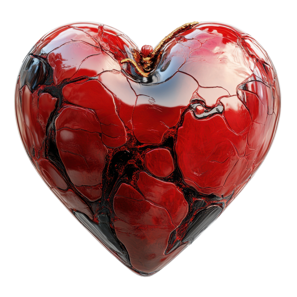 Heart-shaped decorative object made of glossy red material with intricate black patterns celebrating love and art isolated on transparent background. png