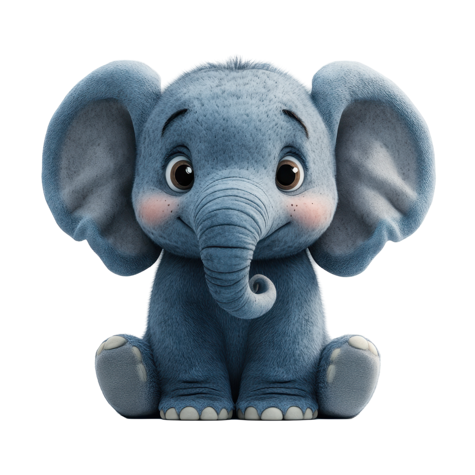Cute cartoon elephant character sitting and smiling with big eyes and fluffy fur in a playful pose isolated on transparent background. png