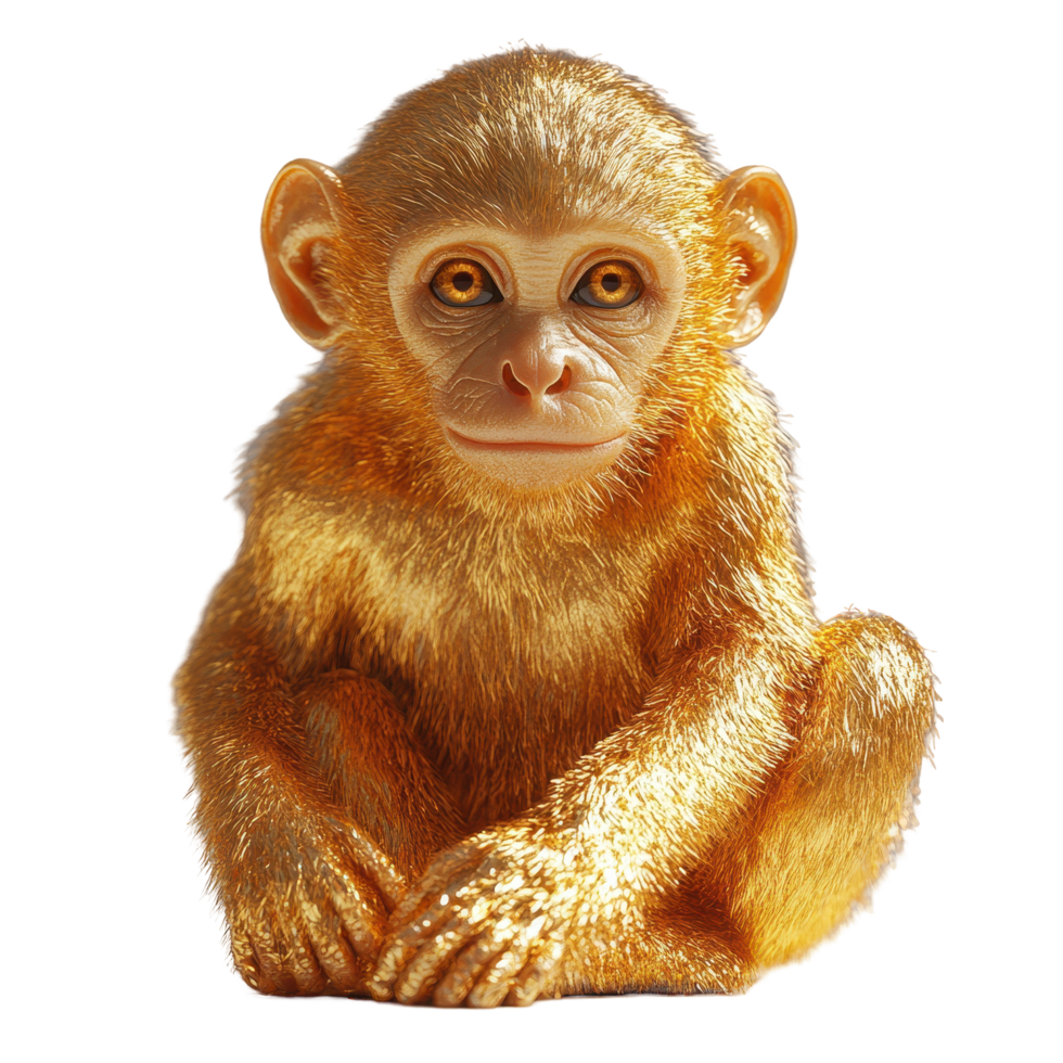 Golden monkey sitting gracefully with a soft expression in a bright setting isolated on transparent background. png