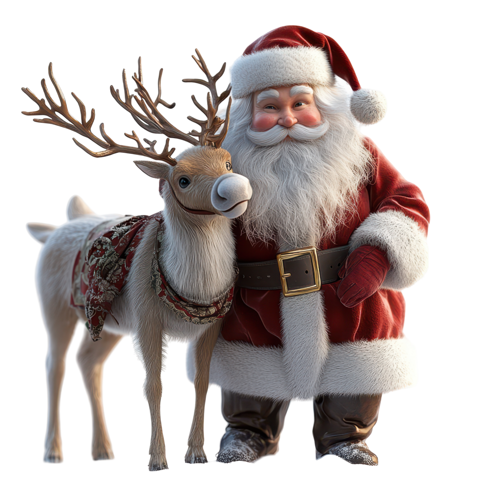 Jolly Santa Claus and his reindeer celebrate the festive season in a cheerful winter wonderland isolated on transparent background. png
