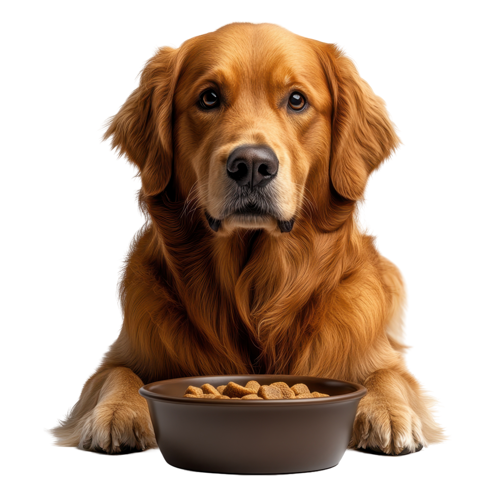 Golden retriever waiting eagerly for meal in front of food bowl on a white background isolated on transparent background. png