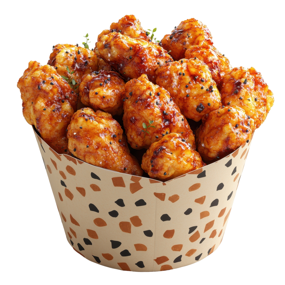Crispy chicken bites served in a decorative container at a fun casual dining spot with vibrant decor isolated on transparent background. png
