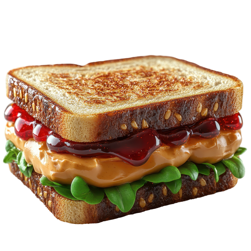 Unique sandwich featuring peanut butter, jelly, and lettuce on toasted bread served in a simple dining setting isolated on transparent background. png