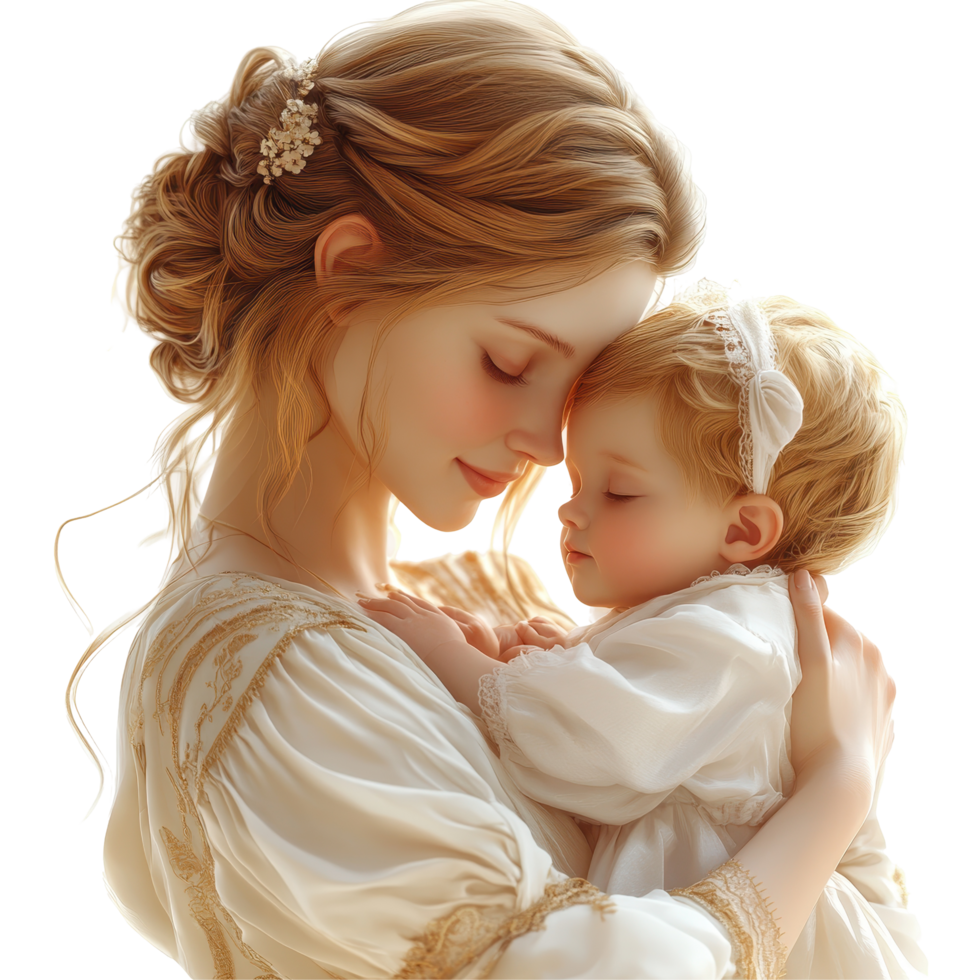 Mother holds her sleeping child close in a tender moment of affection in a softly lit room isolated on transparent background. png