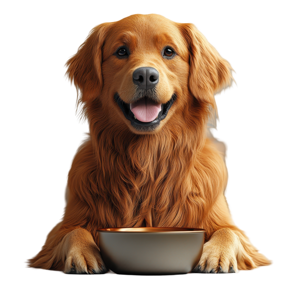 Golden retriever happily sitting in front of a food bowl showcasing a healthy appetite and friendly demeanor isolated on transparent background. png
