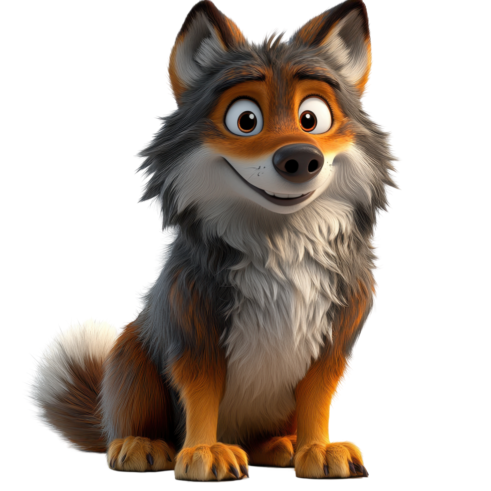 Cartoon wolf character sitting happily in a playful pose, showcasing vivid colors and friendly expression, ideal for animations isolated on transparent background. png