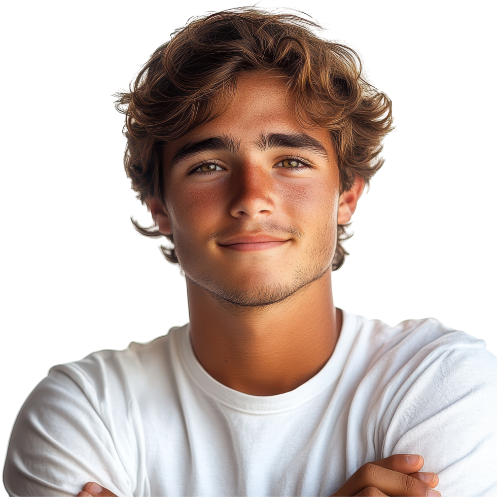 Young man with casual style smiling confidently against a bright background isolated on transparent background. png